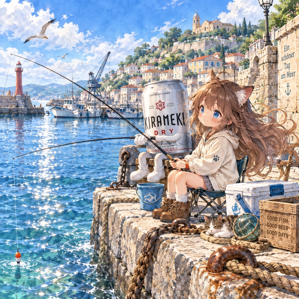 港町で釣りをしている小さな女の子