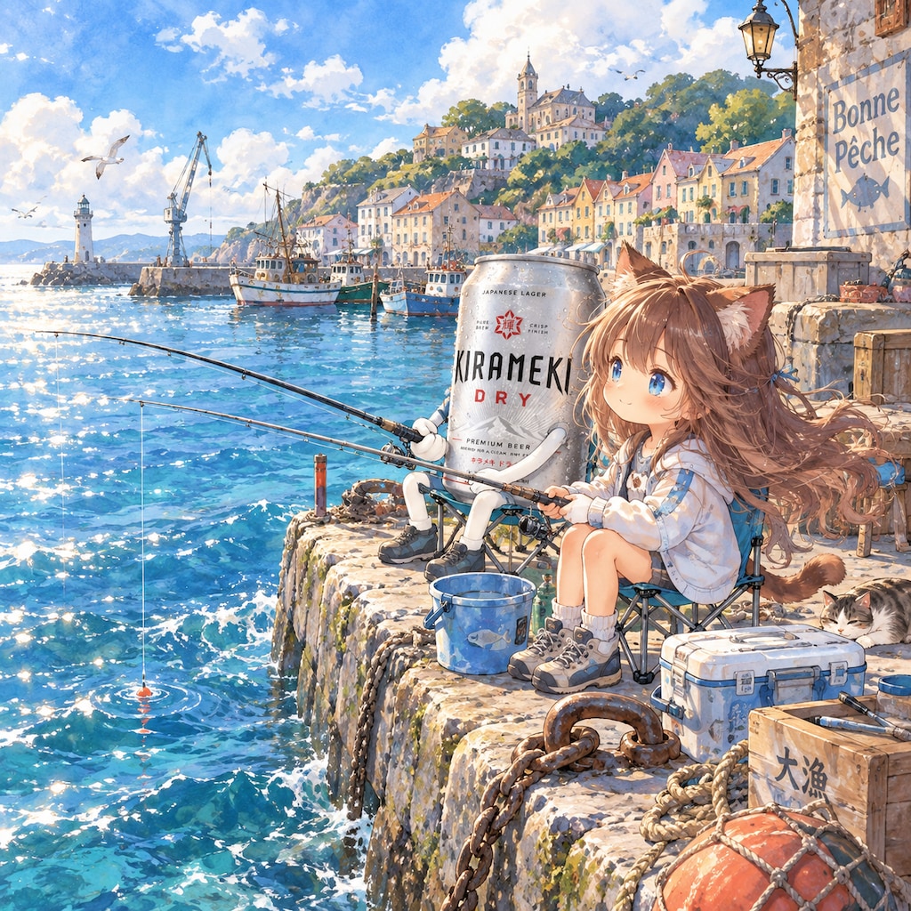 港町で釣りをしている小さな女の子
