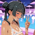 リゾートプールで、ずらしマイクロビキニのちっぱい日焼けあとダブルピース 10枚目