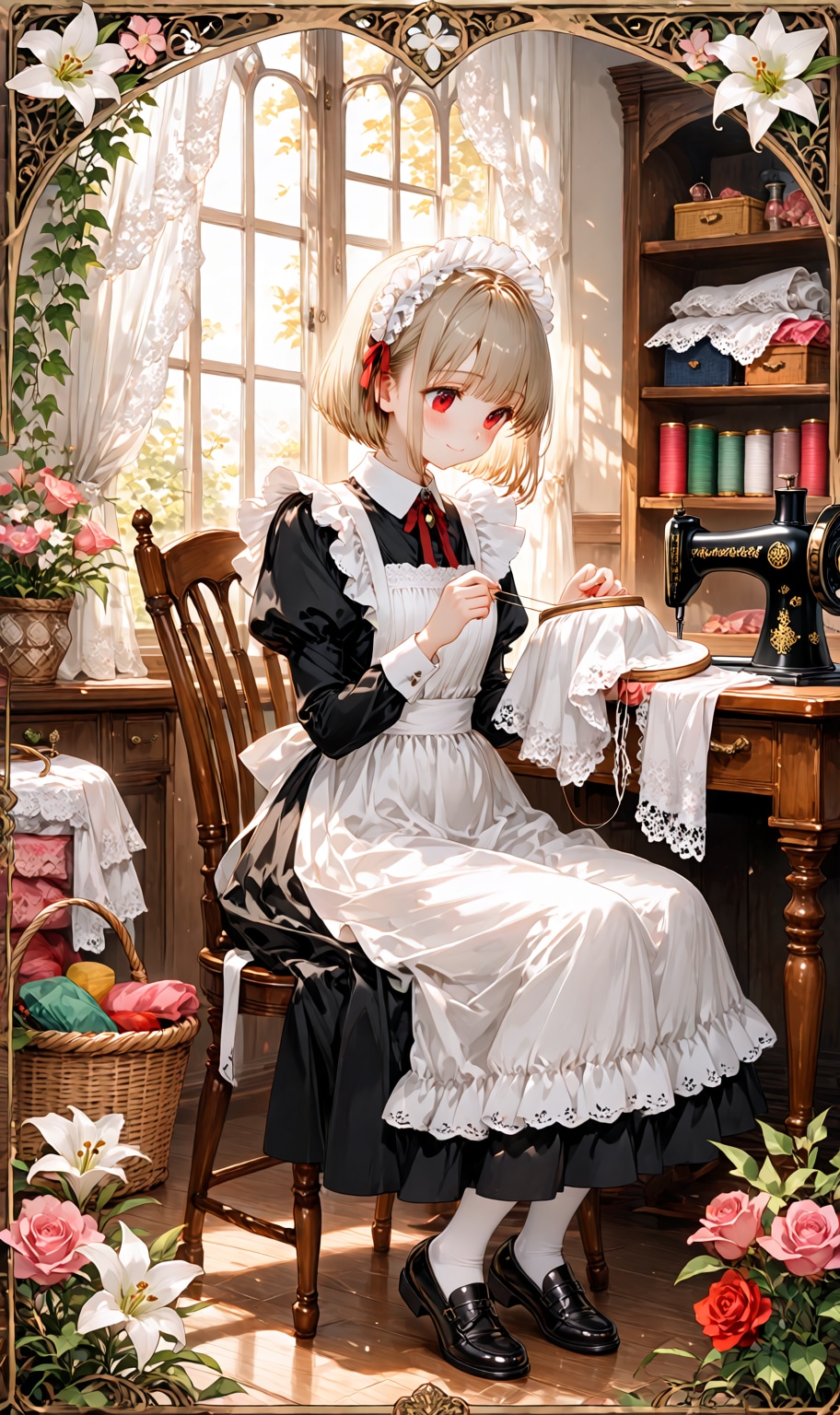 sewing in a cozy workshop
