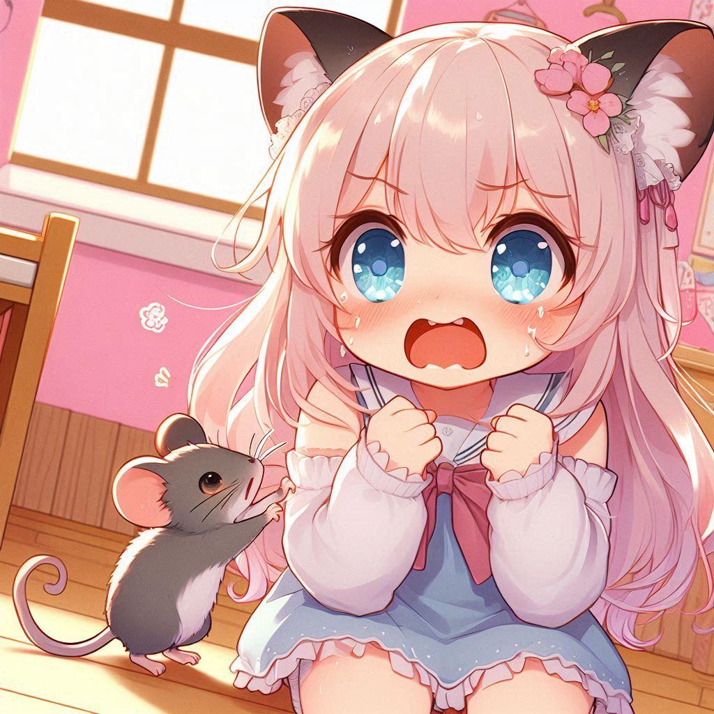 ねずみを恐れるねこ。