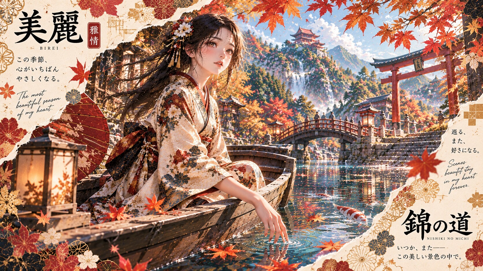 Autumn Tapestry by the River  Set along a serene river surrounded by vibrant autumn foliage, a grace | の人気AIイラスト・グラビア