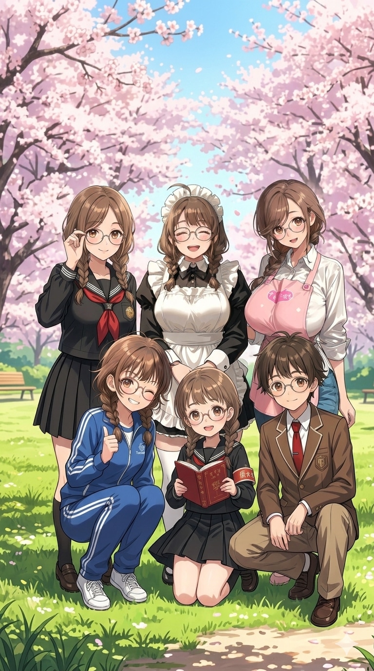 眼鏡三つ編み姉妹弟、揃い踏み | の人気AIイラスト・グラビア