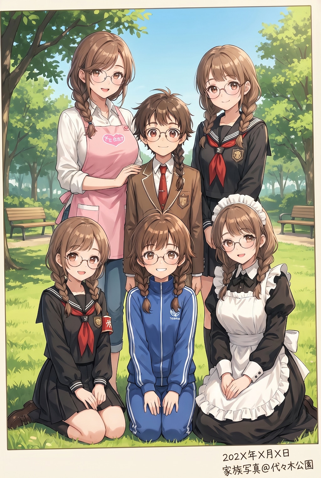 眼鏡三つ編み姉妹弟、揃い踏み