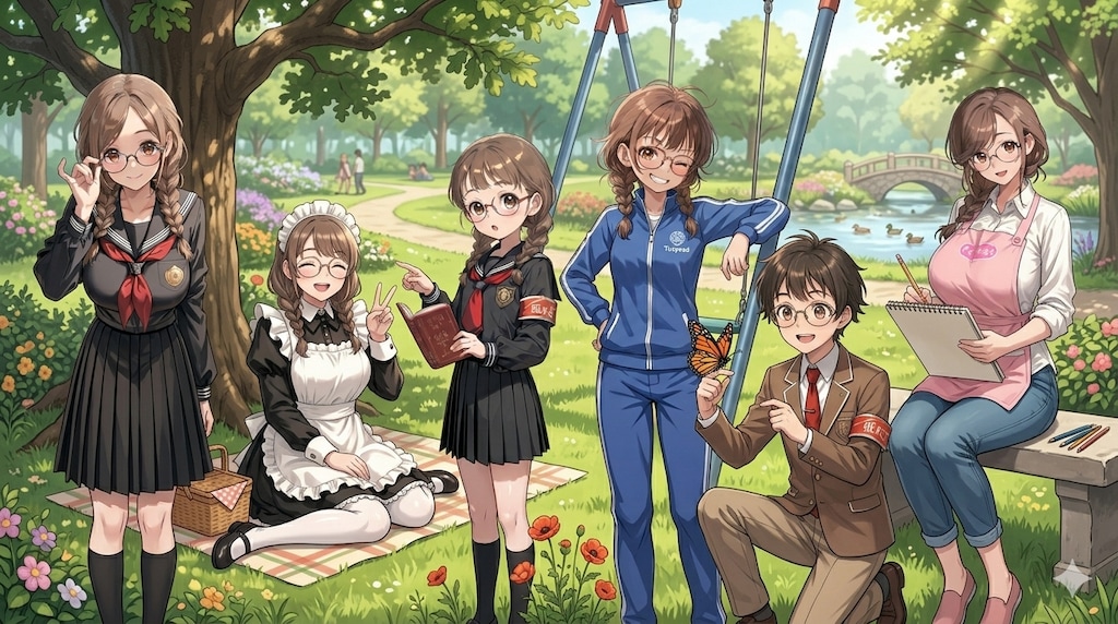 眼鏡三つ編み姉妹弟、揃い踏み