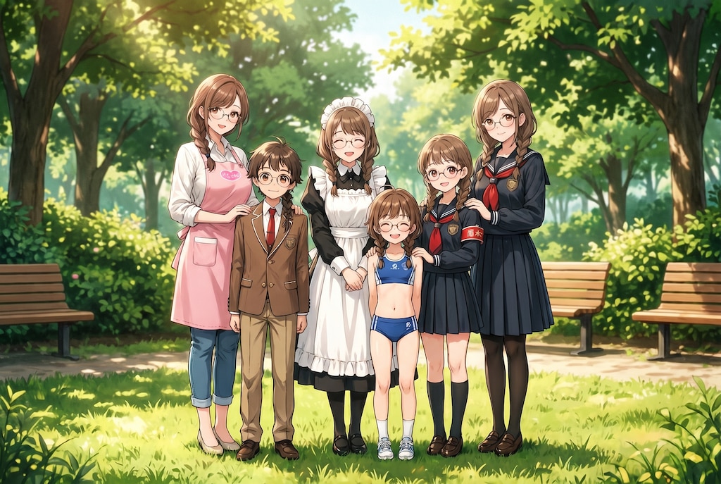 眼鏡三つ編み姉妹弟、揃い踏み