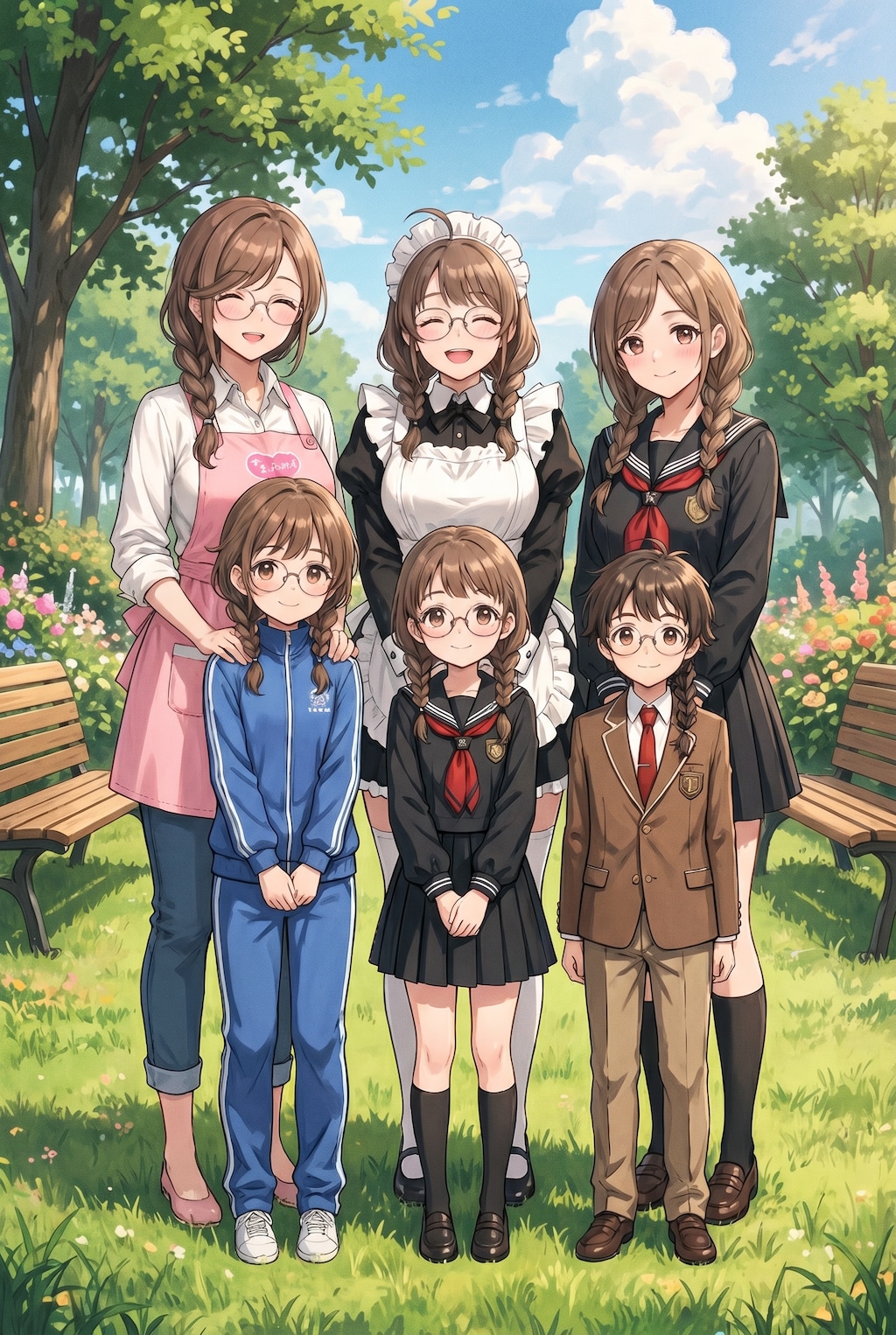 眼鏡三つ編み姉妹弟、揃い踏み