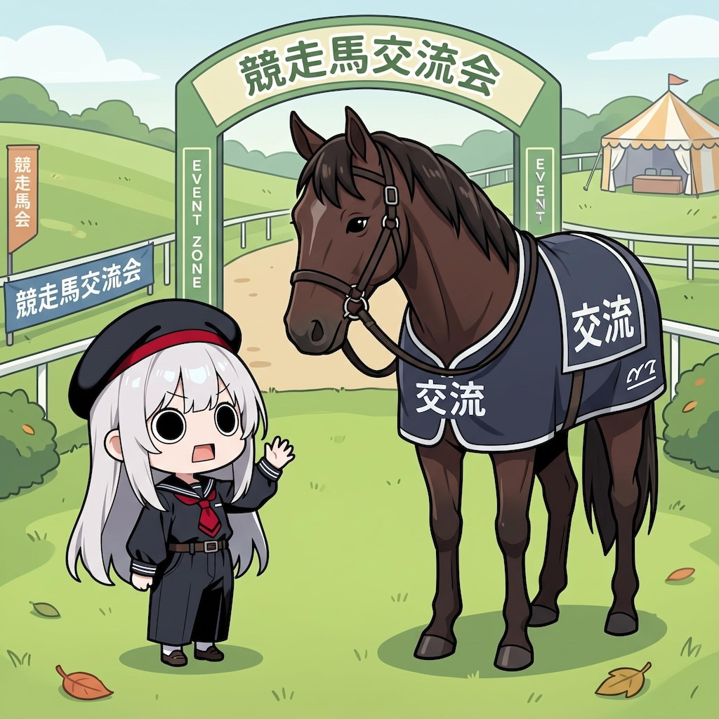 競走馬と交流するえらいこっちゃ嬢