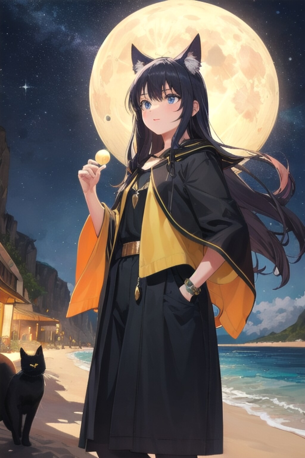 猫魔女と砂浜と月
