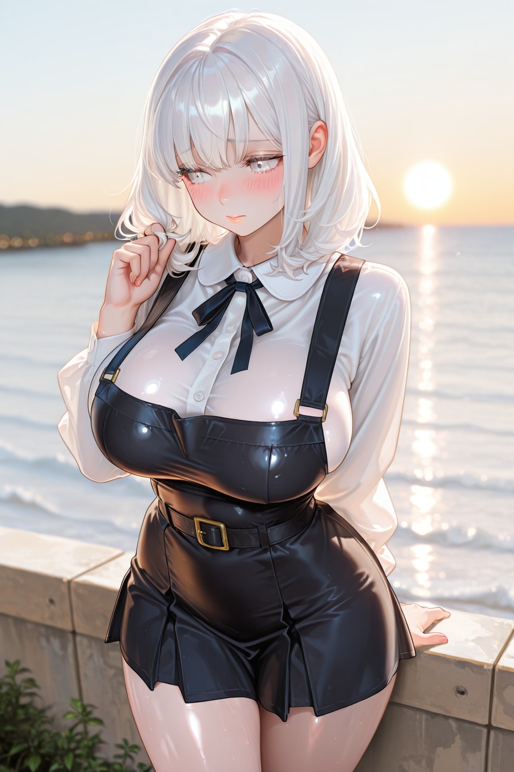 朝日をバックに佇む真っ白お姉さん