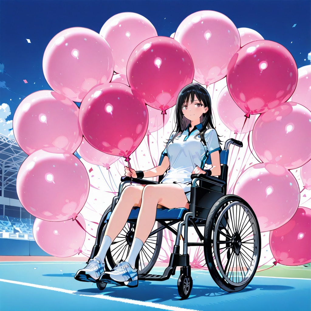 色とりどりの巨大風船を持つ黒髪ロングのテニスウェア着た車椅子乗ってる美女