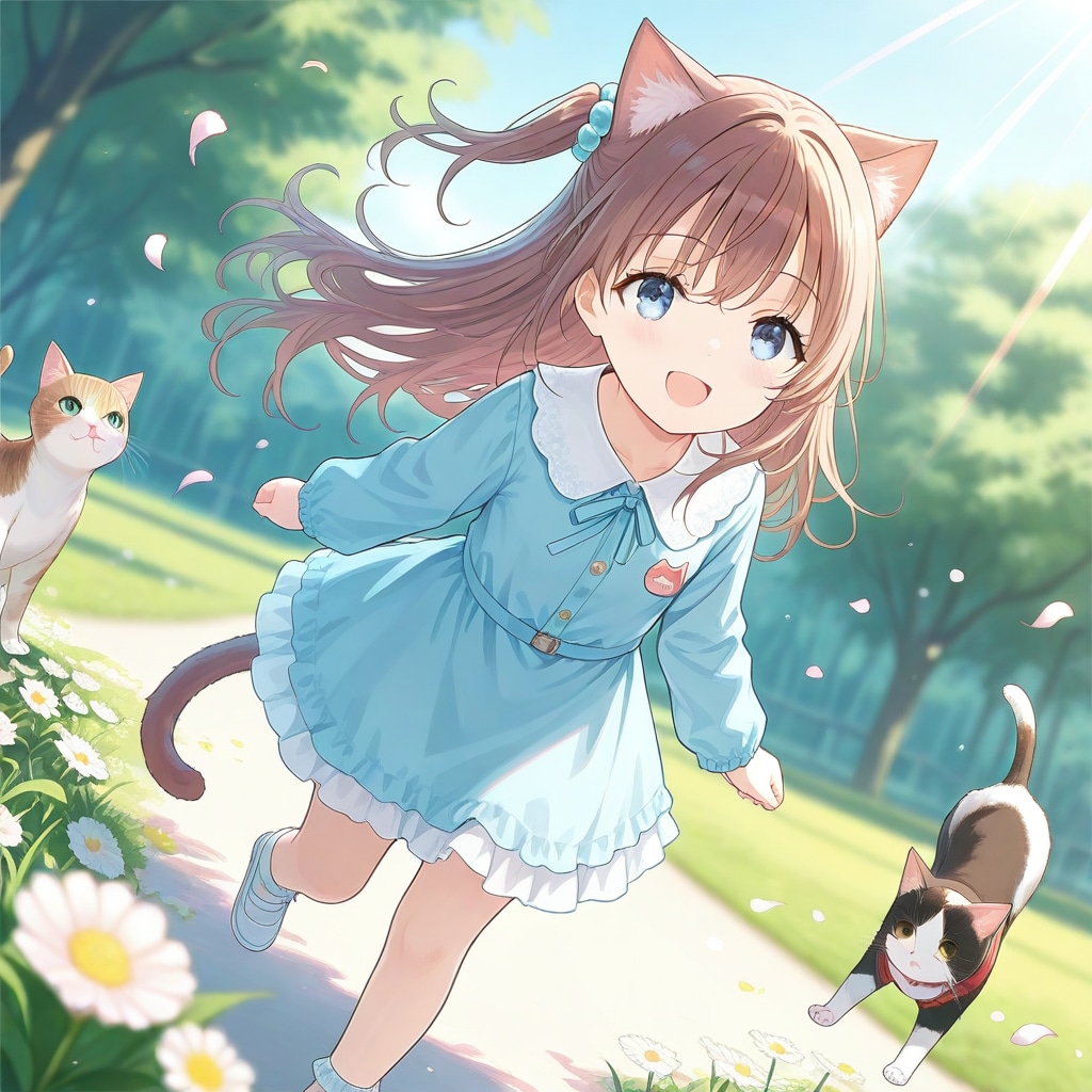 猫と遊ぶ小さな女の子