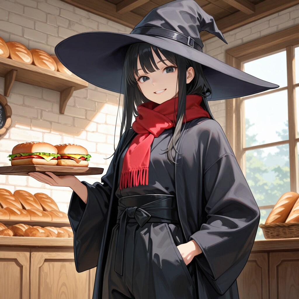 パン屋でサンドウィッチを購入する魔女さん