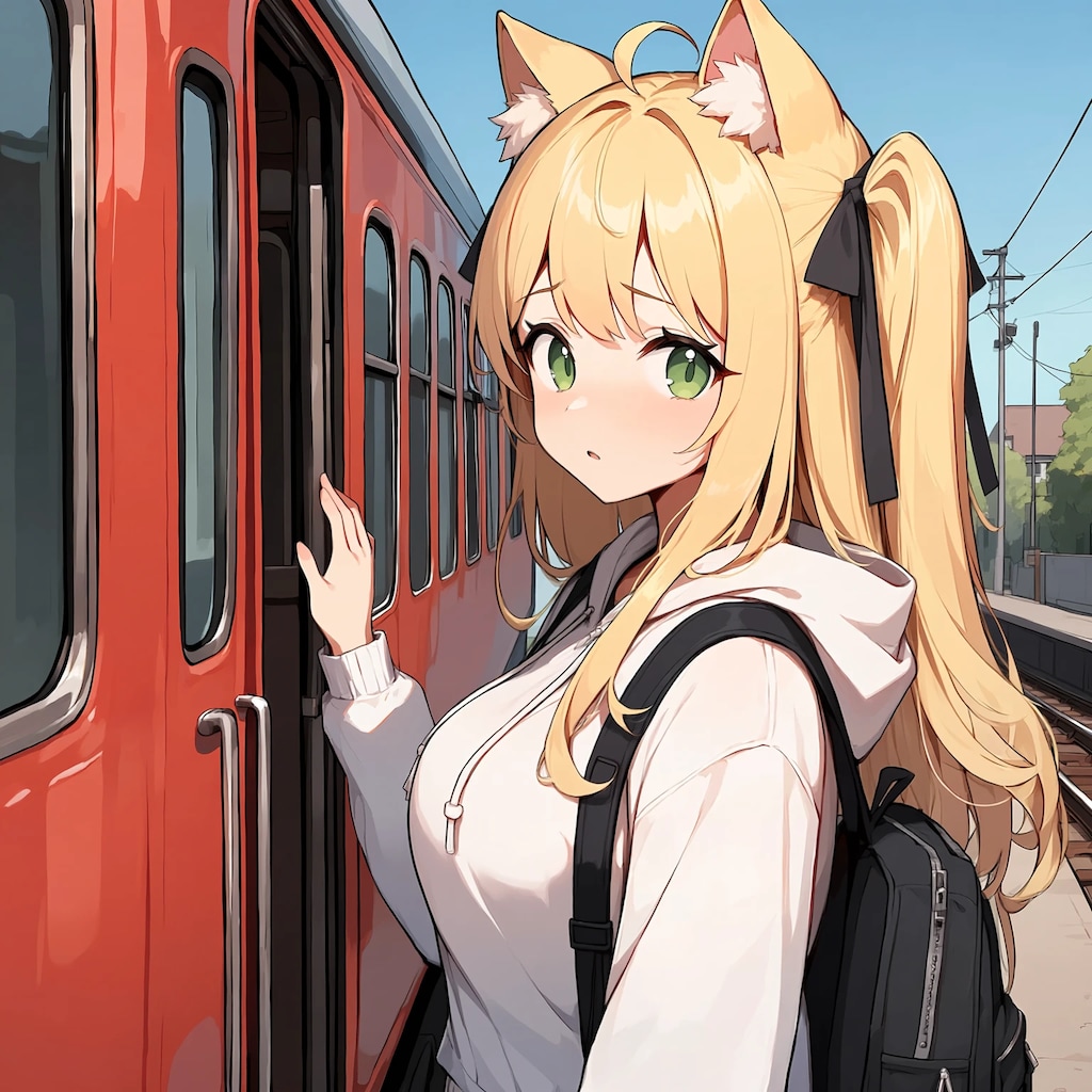 電車に乗る猫耳の女の子