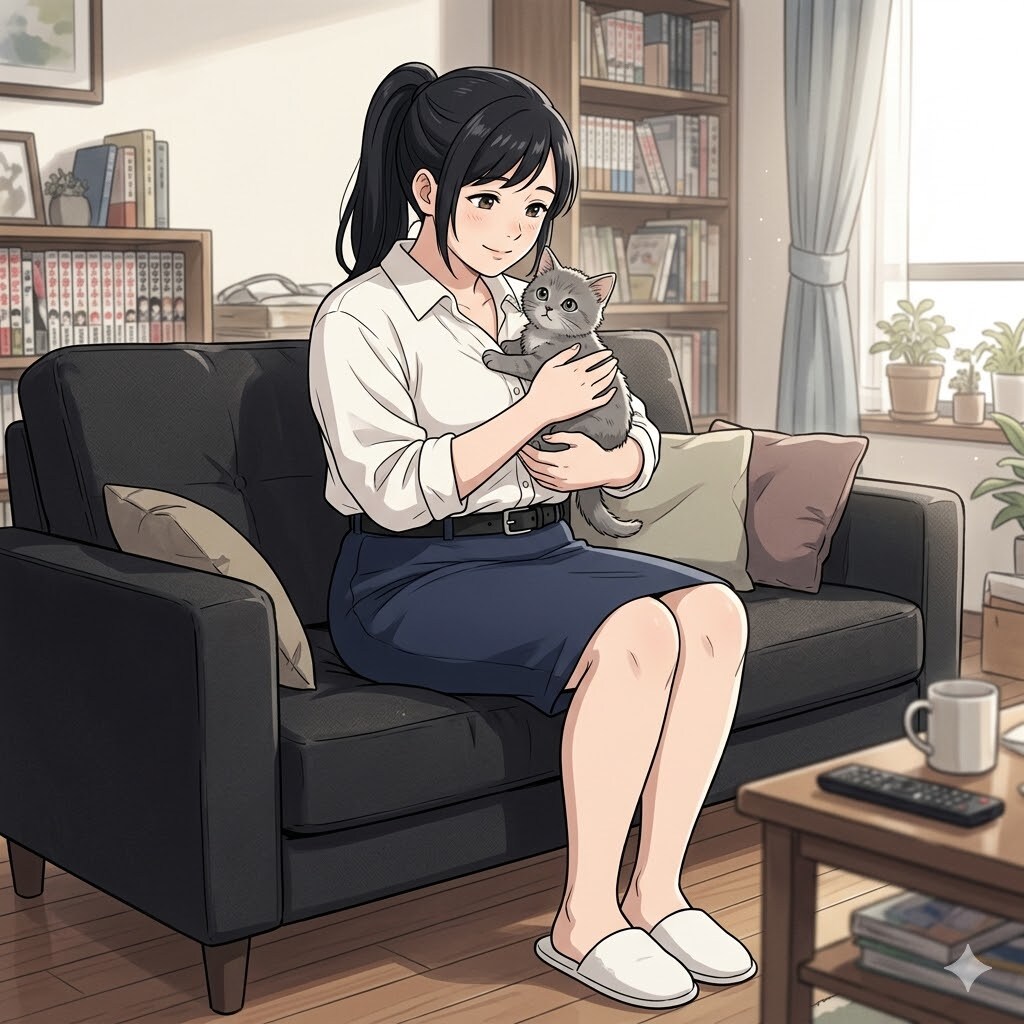 灰色の子猫と熟女