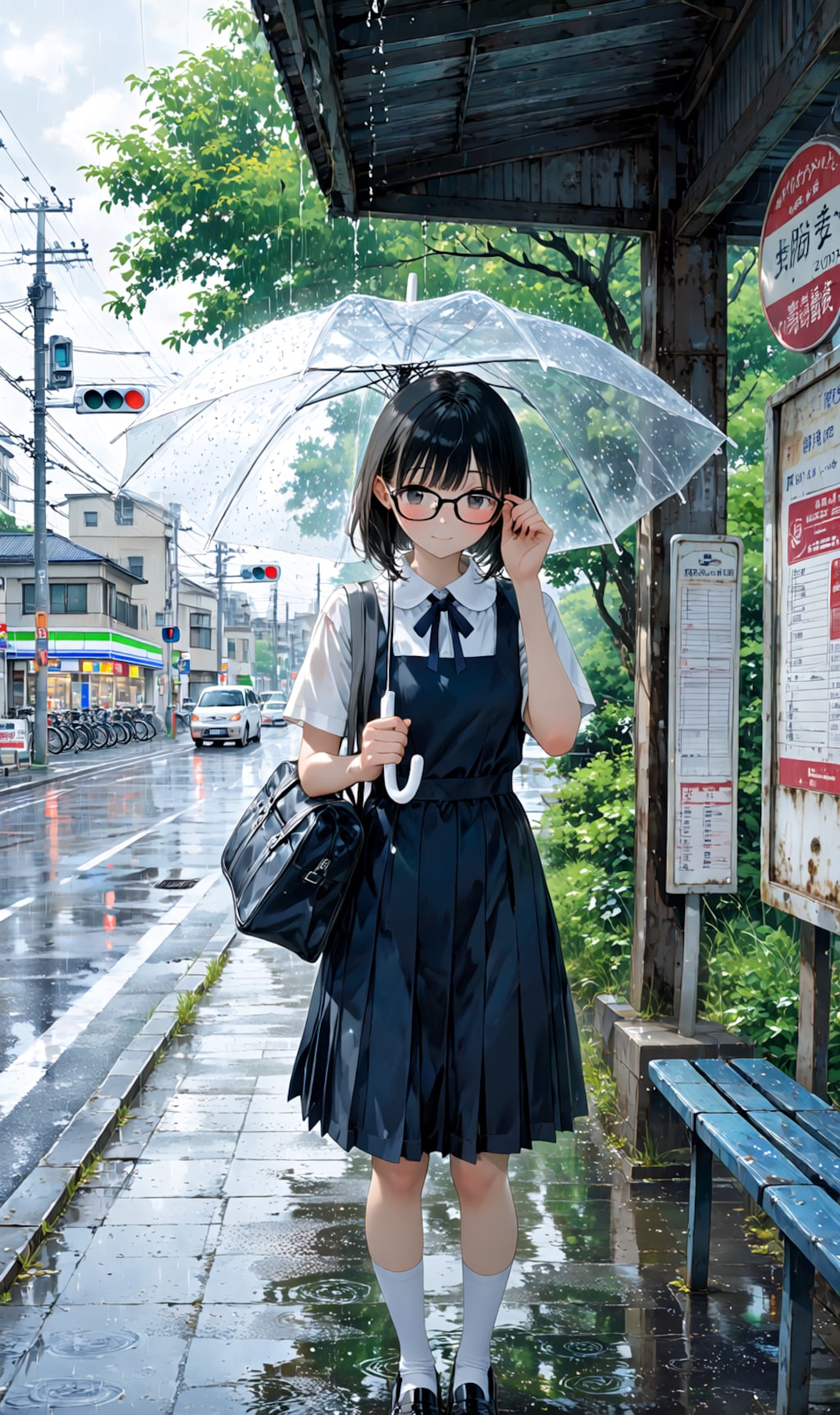 雨のバス停