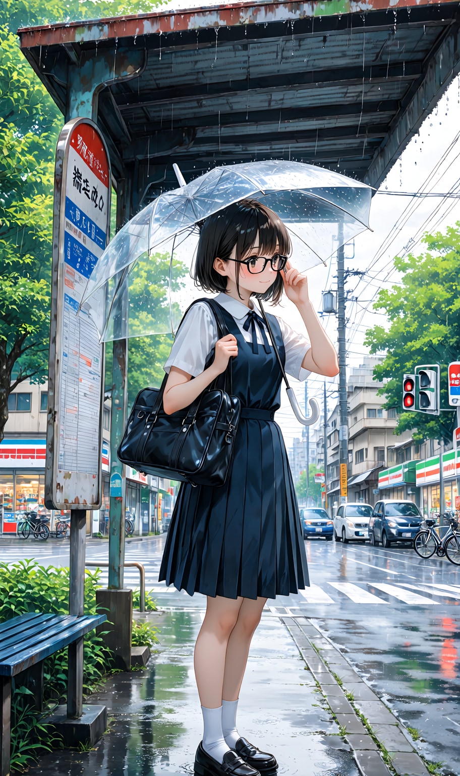 雨のバス停 | の人気AIイラスト・グラビア