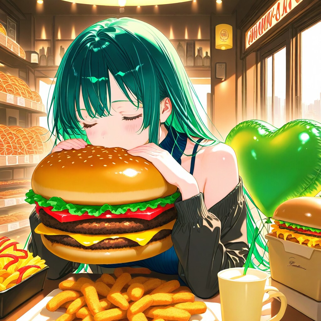 ハンバーガーショップで緑色のハート風船を持つ緑髪ロングの天使