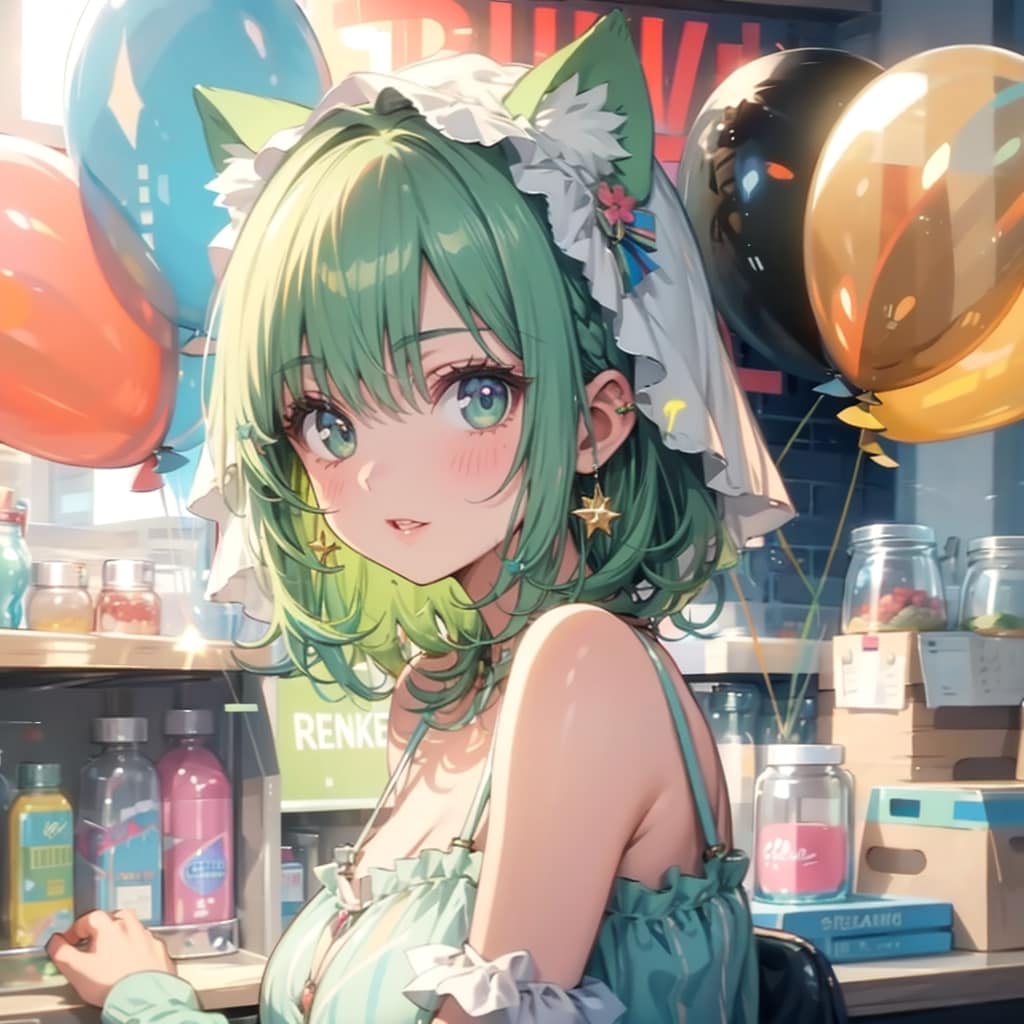 いっぱい色とりどりの風船を持つ緑髪ショートカットの薬剤師の美女 | の人気AIイラスト・グラビア