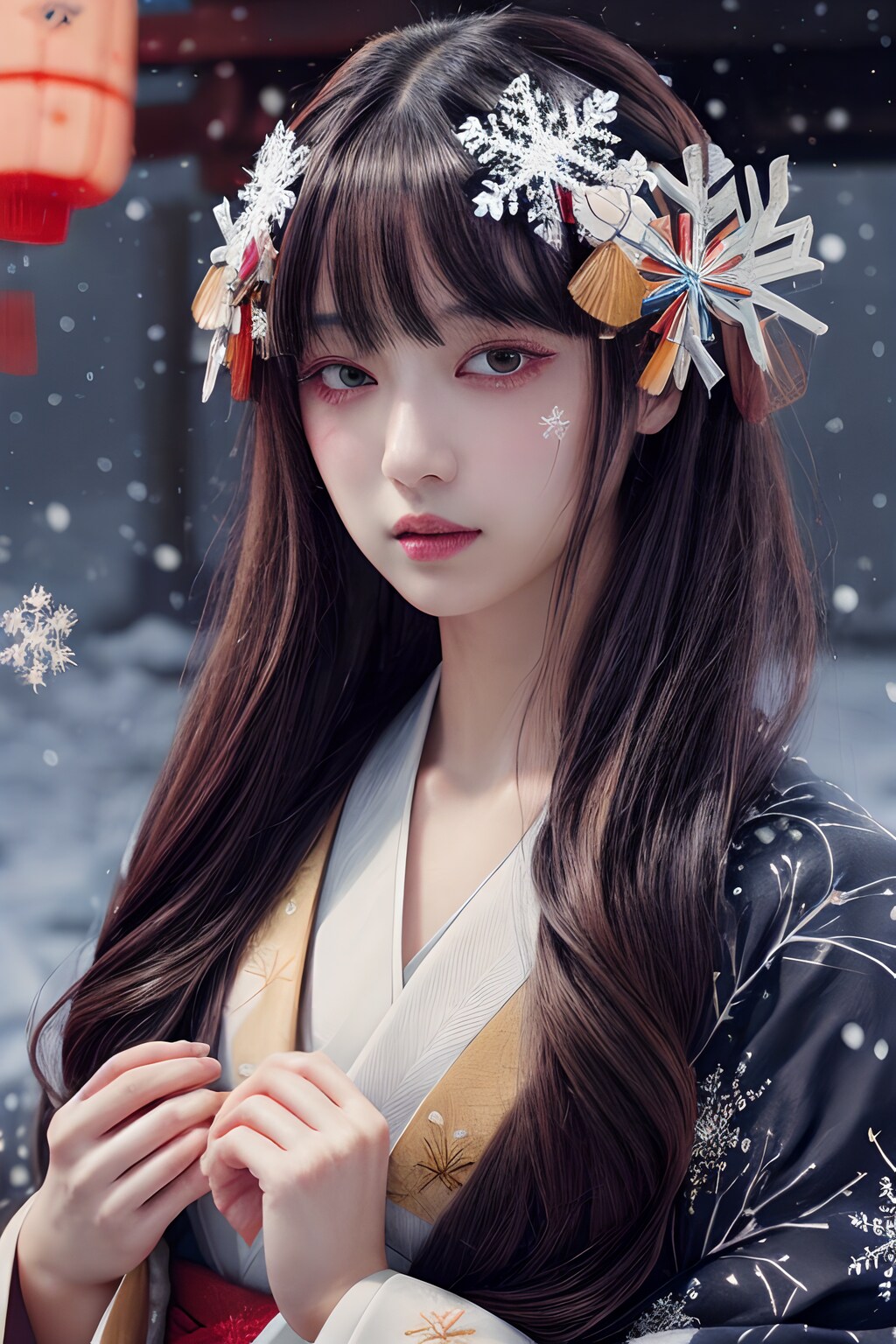 雪降りしきる中