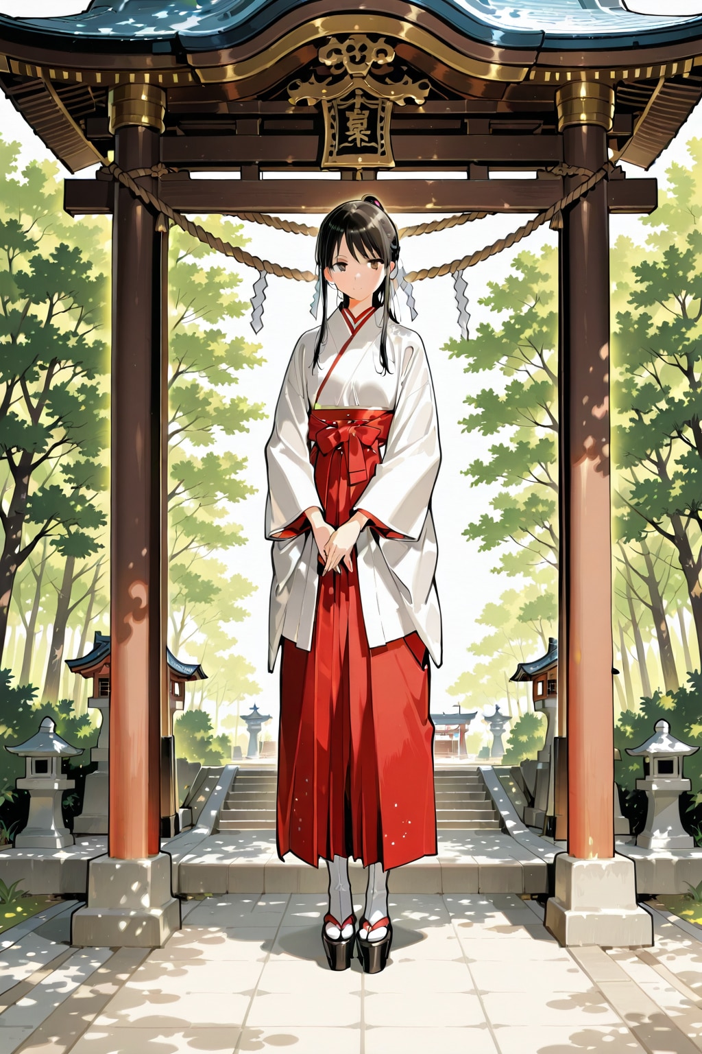 スリムで高身長の18歳の日本の巫女の立姿全身画像の写真の様な日本画