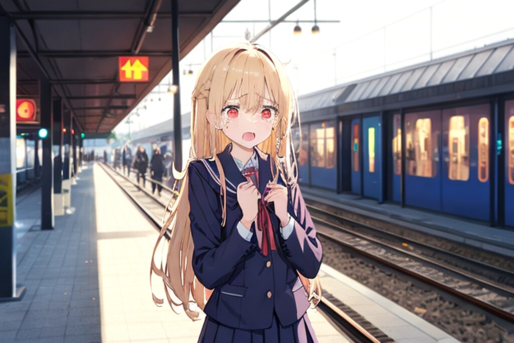 駅で迷って泣いている女の子（AQUA）