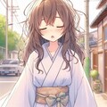 『郊外の道を歩いている軽和装でぼさぼさの髪をした眠そうな女の子』 2枚目