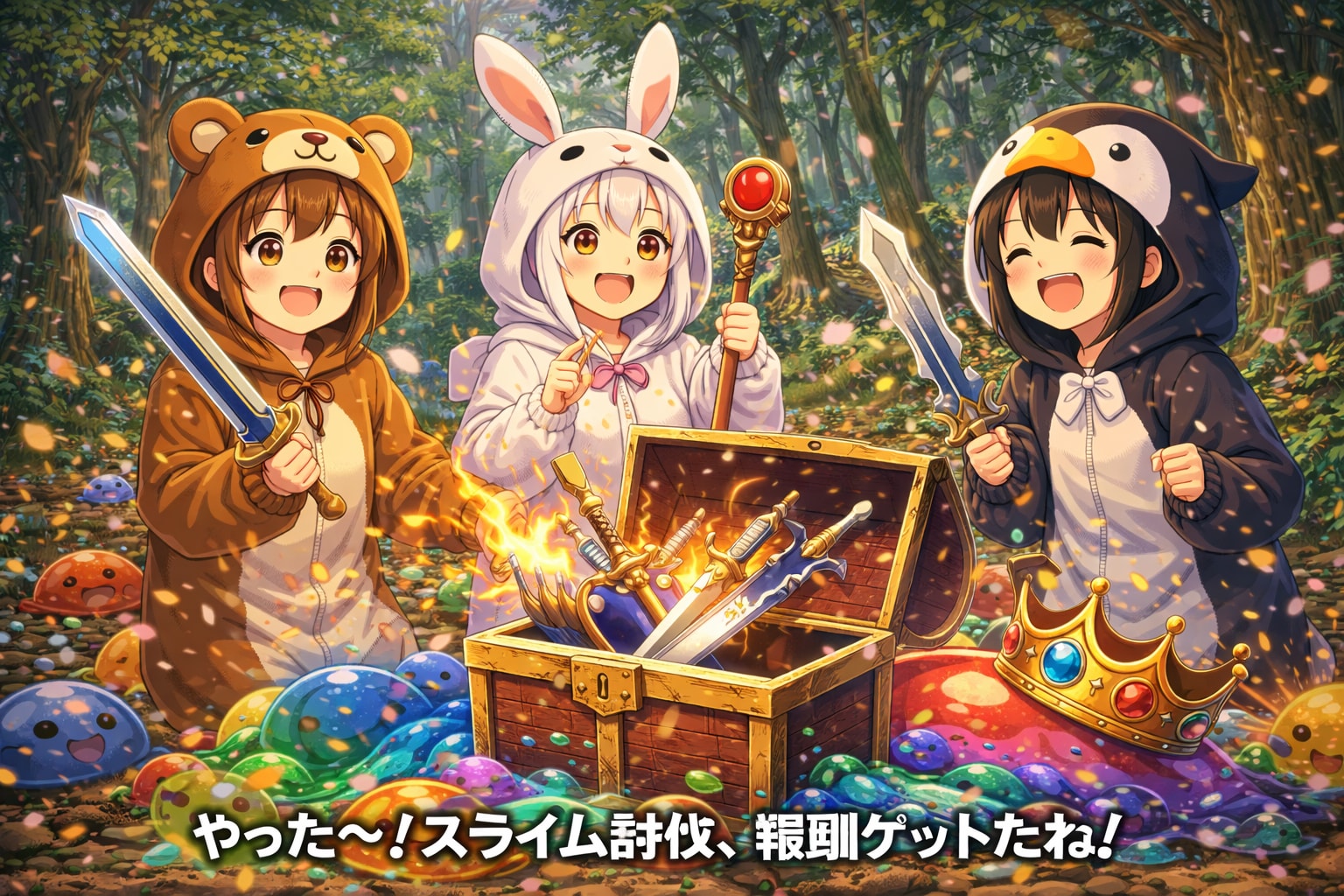 【All0422c】キングレインボースライムを倒した、亡骸の中から宝箱を見つけた、宝箱の中には中級冒険者の武器が入っていた（モデル: ChatGPT） | の人気AIイラスト・グラビア