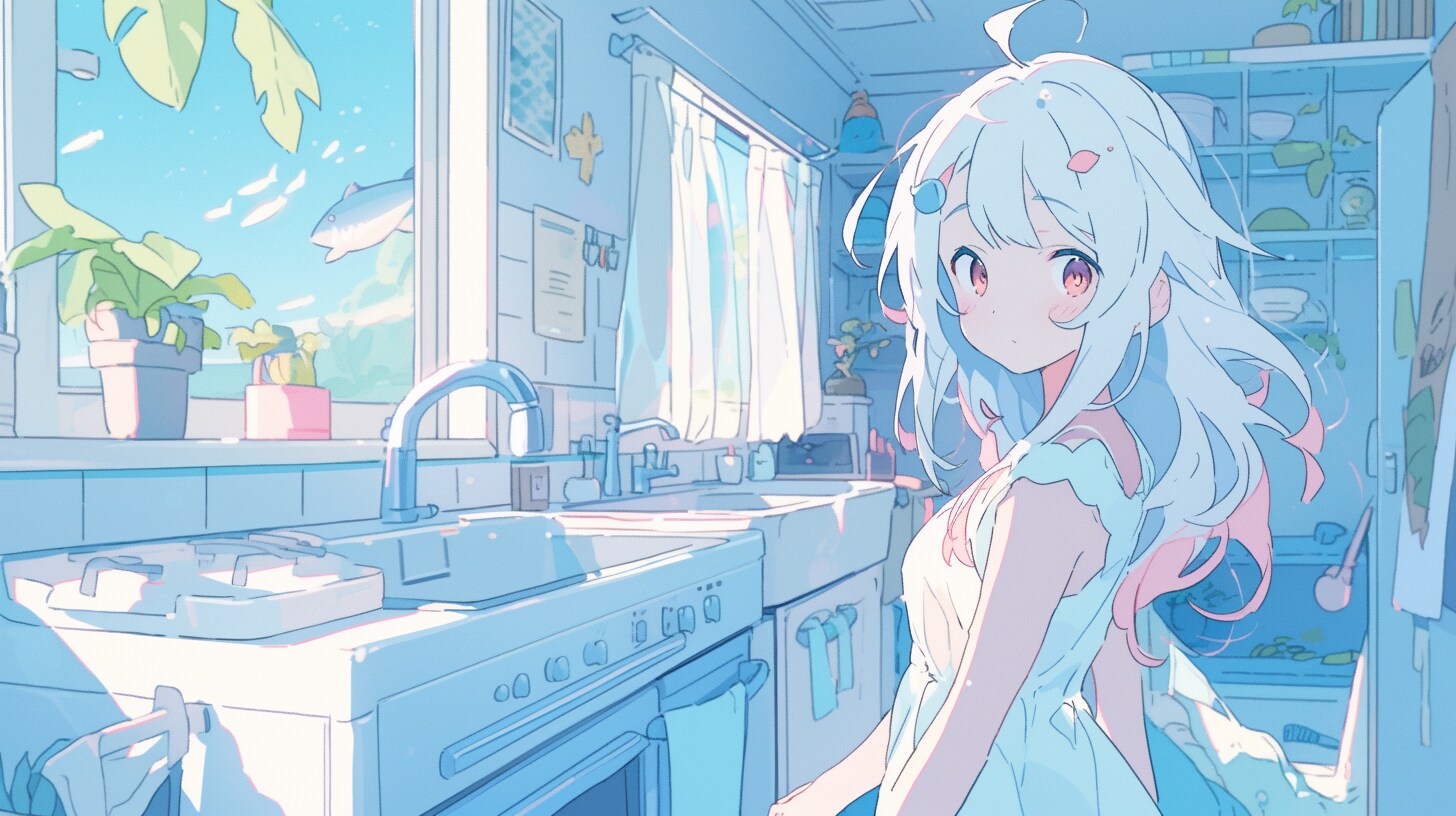 海の見えるキッチンで微笑む少女 | の人気AIイラスト・グラビア