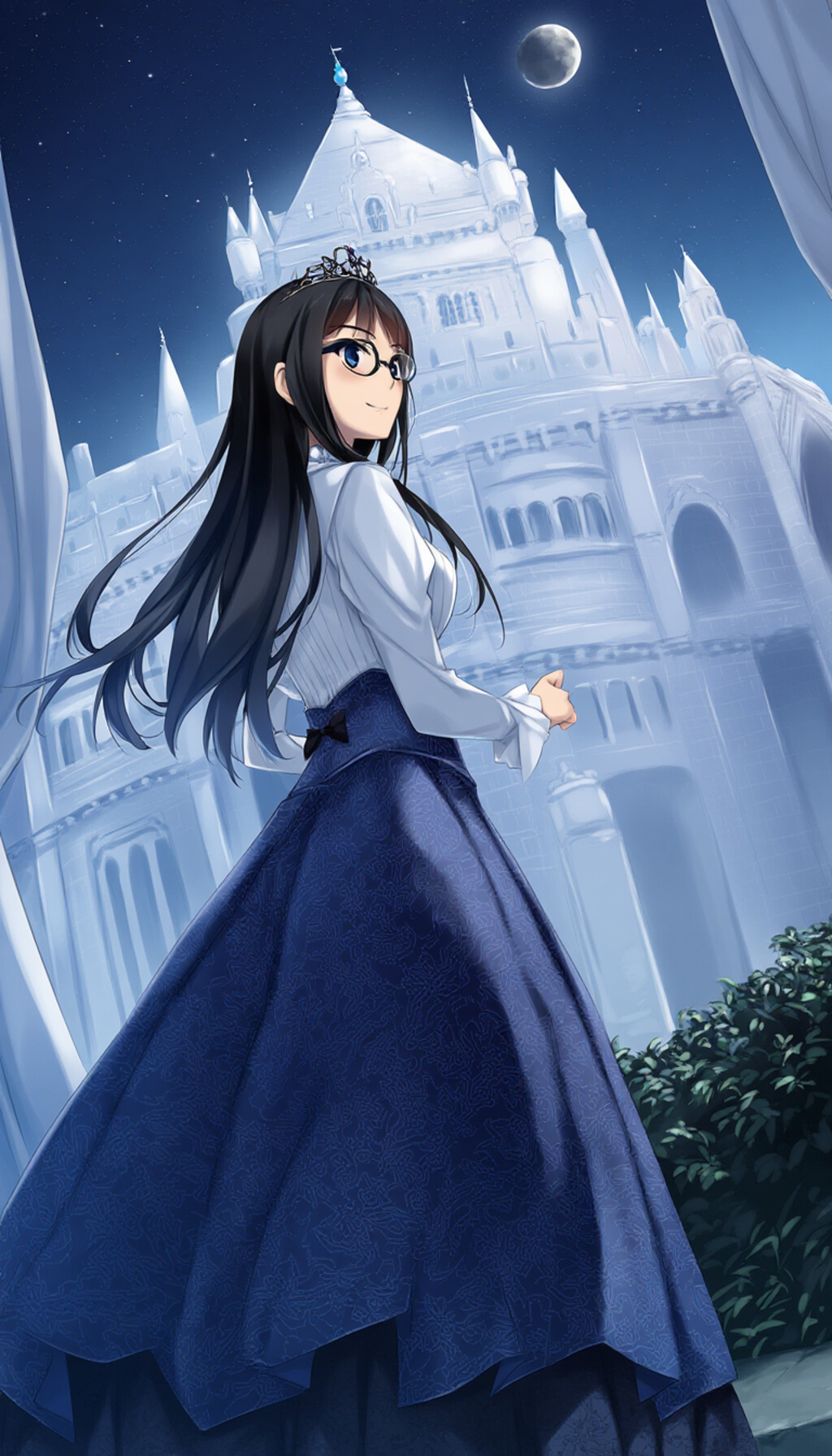 intricate white castle, intricate dress, high quality detailed night sky moon