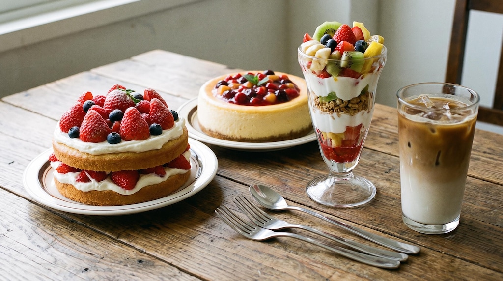 デザートのケーキとパフェのセット