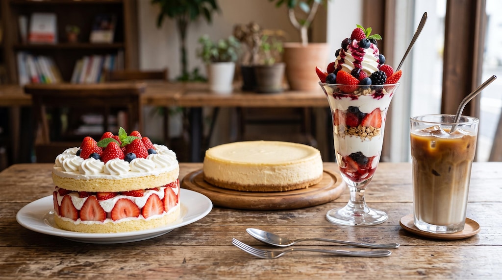 デザートのケーキとパフェのセット