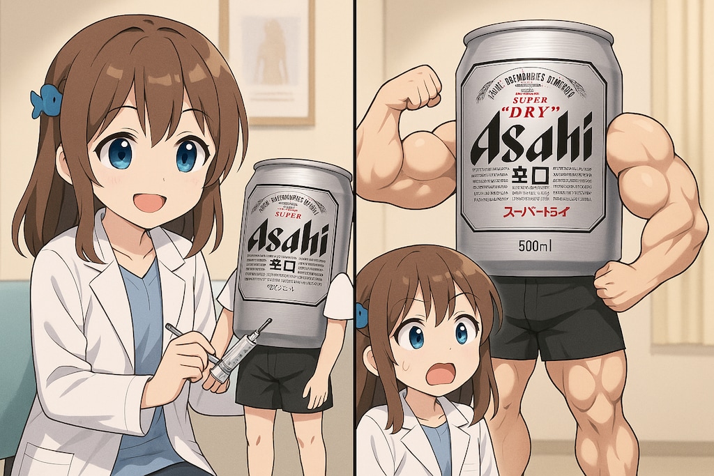 ビール缶に注射する小さな女医さん