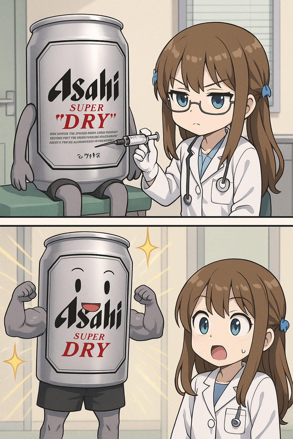 ビール缶に注射する小さな女医さん