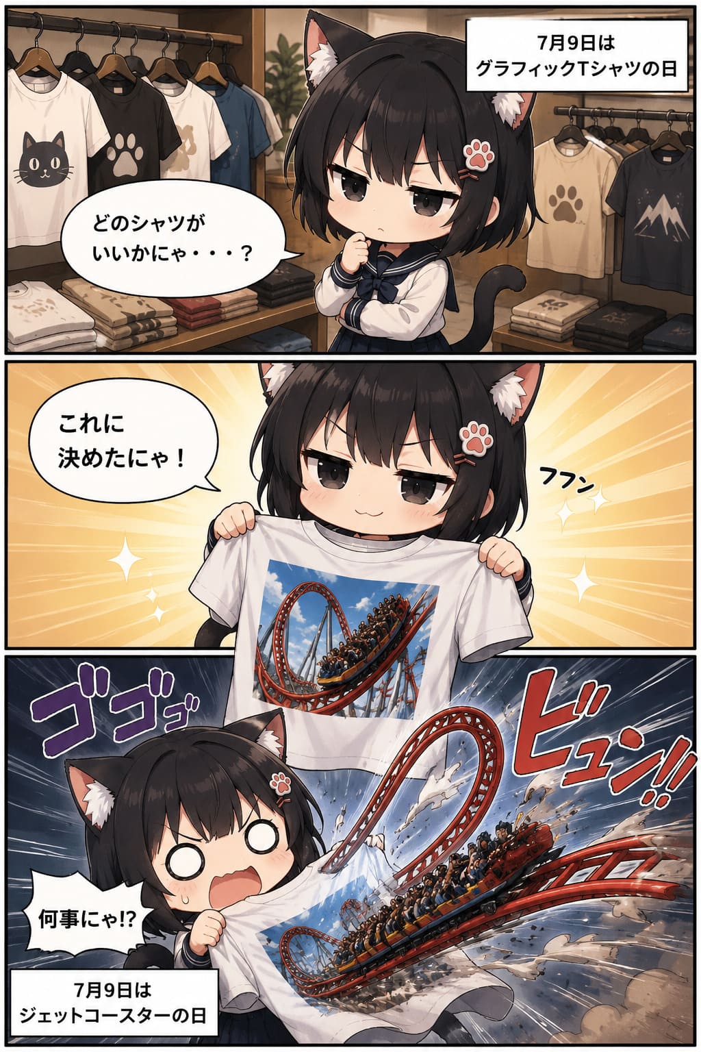 3コマ漫画 2026.07.09. 「グラフィックTシャツの日」