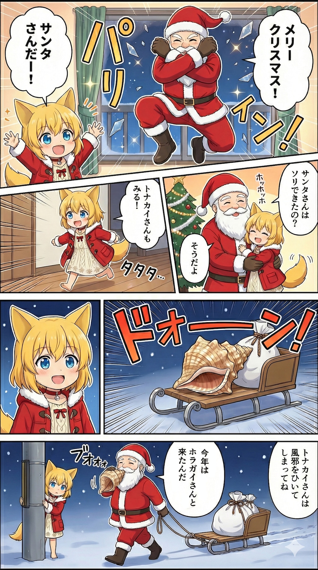 家にサンタさんがやってきたのでテンションMAXになりトナカイさんもしかと目に焼き付けておこうと外を見に行ったらホラガイさんしかいなくて期待を裏切られたショックで心のドアをそっと閉ざすキツネ