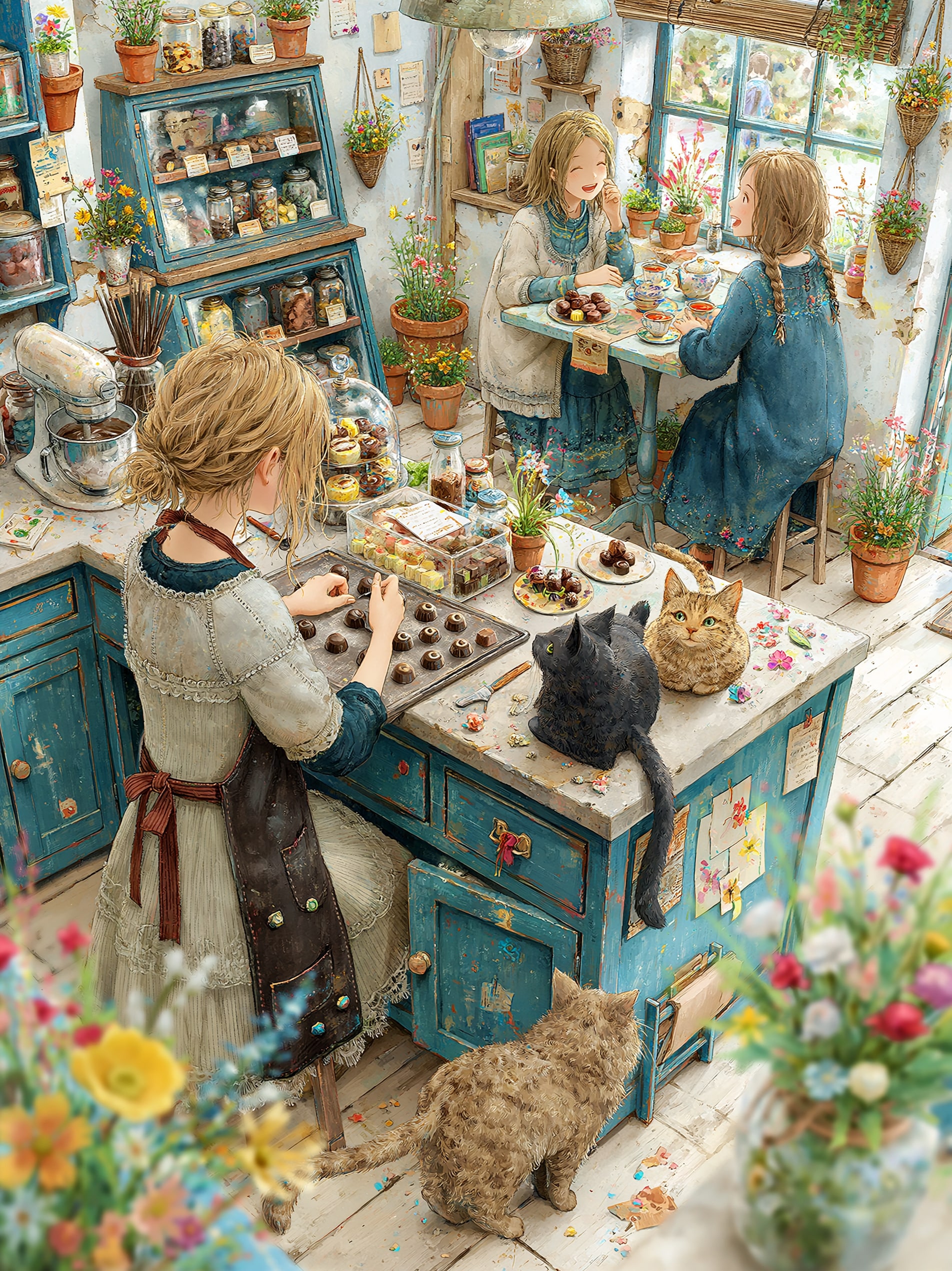 黒猫はカウンターに乗り、茶トラは品定めをして、巻き毛猫は下から作戦を練っている、店主がチョコレートを仕上げるこの厨房は、今日も猫たちに包囲されている | の人気AIイラスト・グラビア