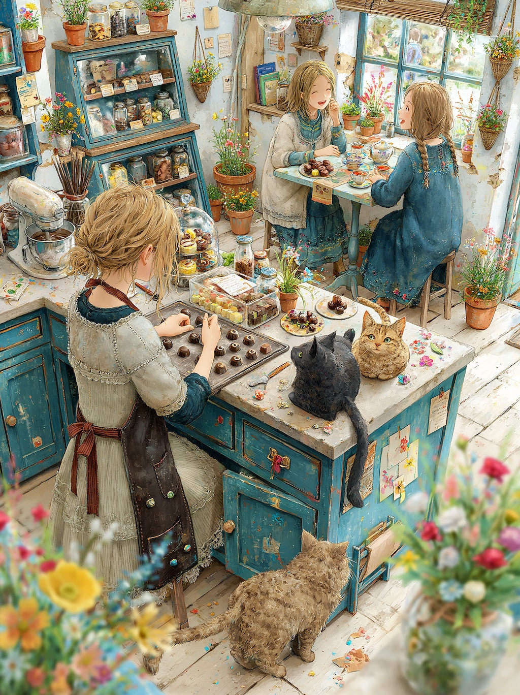 黒猫はカウンターに乗り、茶トラは品定めをして、巻き毛猫は下から作戦を練っている、店主がチョコレートを仕上げるこの厨房は、今日も猫たちに包囲されている