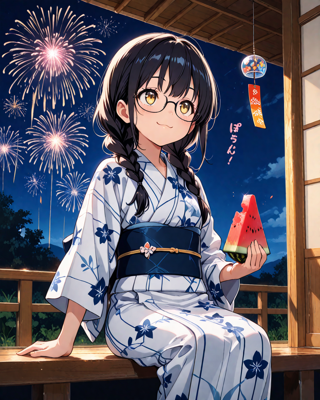 風鈴と眼鏡三つ編みの女の子