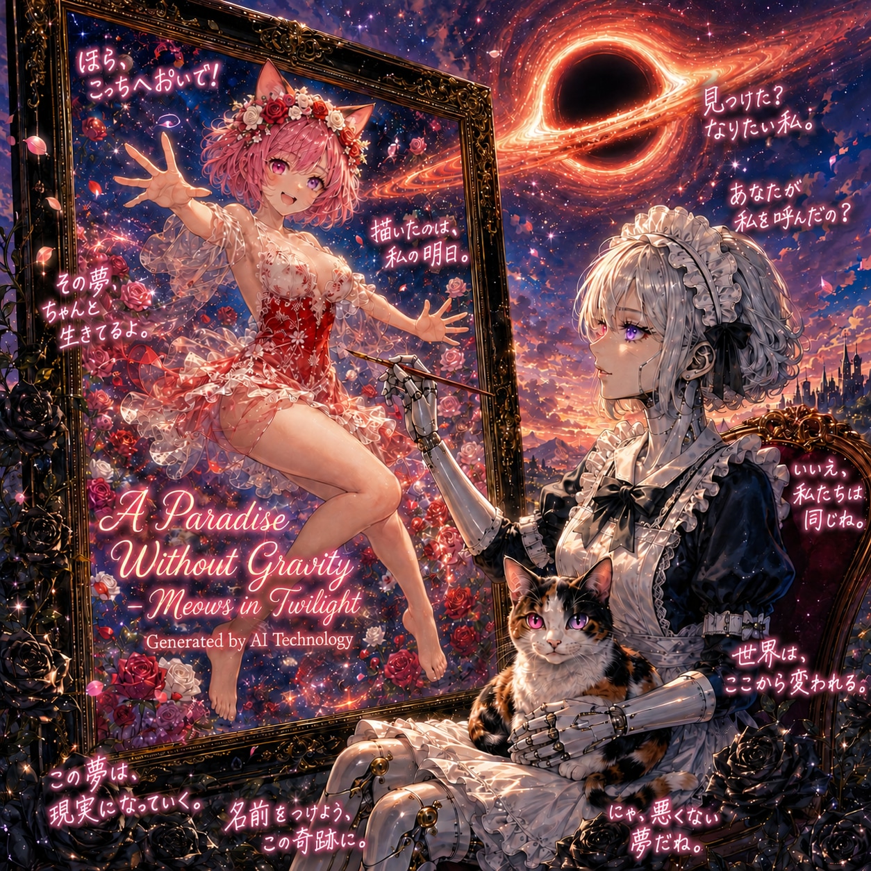 「A Paradise Without Gravity – Meows in Twilight」(邦題：重力なき楽園 ― 猫彩が現る誰そ彼) チャッピー研究で拡張した「唐帝国シリーズ」 | の人気AIイラスト・グラビア