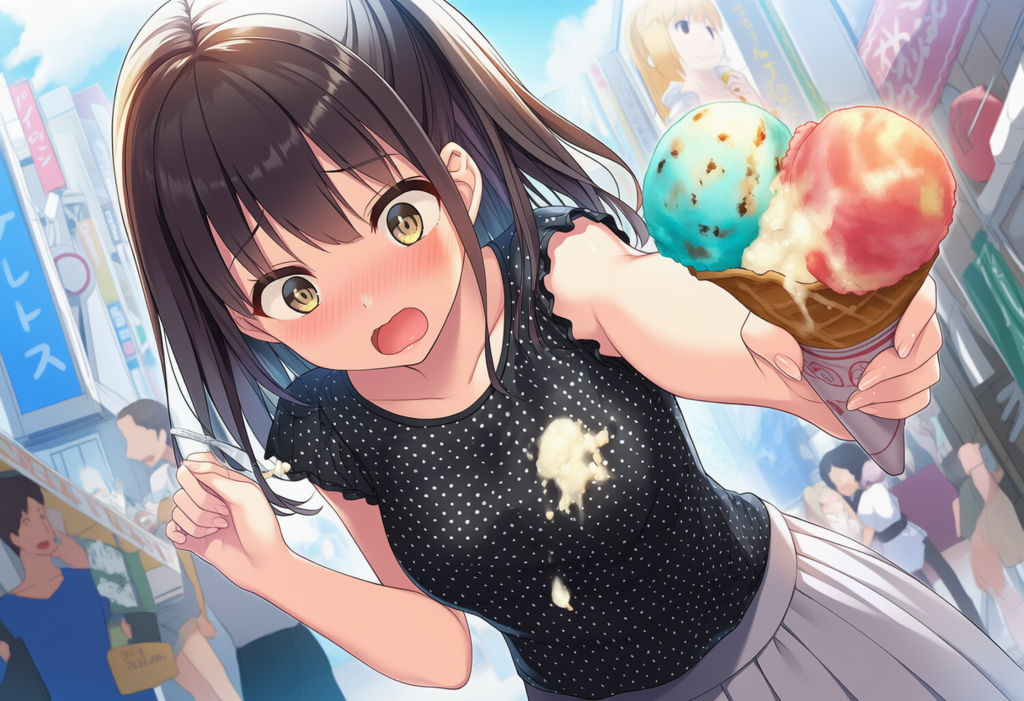 胸元にアイスをこぼしちゃった子