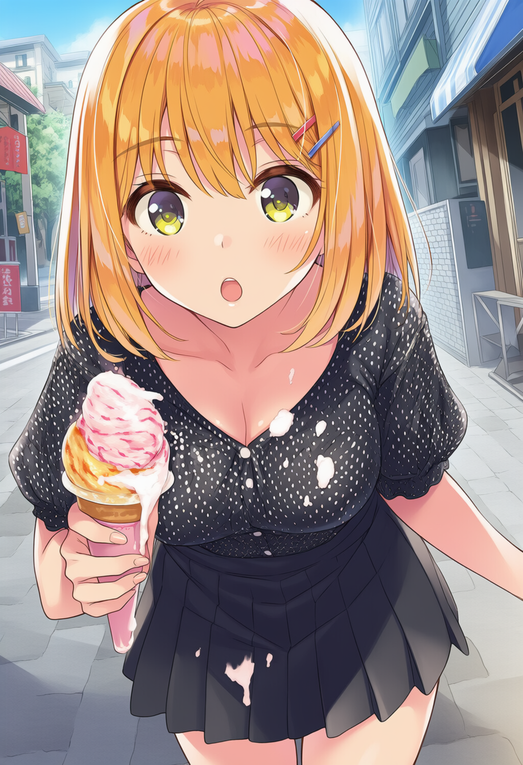 胸元にアイスをこぼしちゃった子