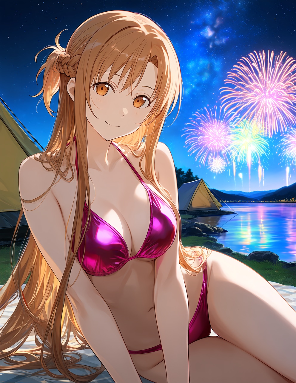 マゼンタビキニのアスナと花火(PixAI版)