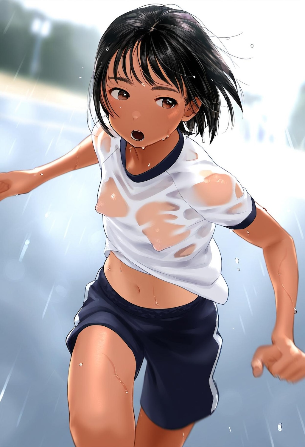 雨の中、練習する陸上少女（濡れて乳首が透けてる）