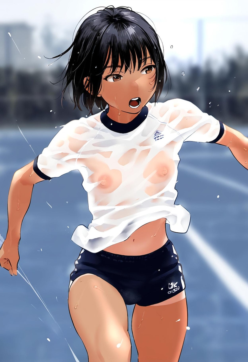 雨の中、練習する陸上少女（濡れて乳首が透けてる）