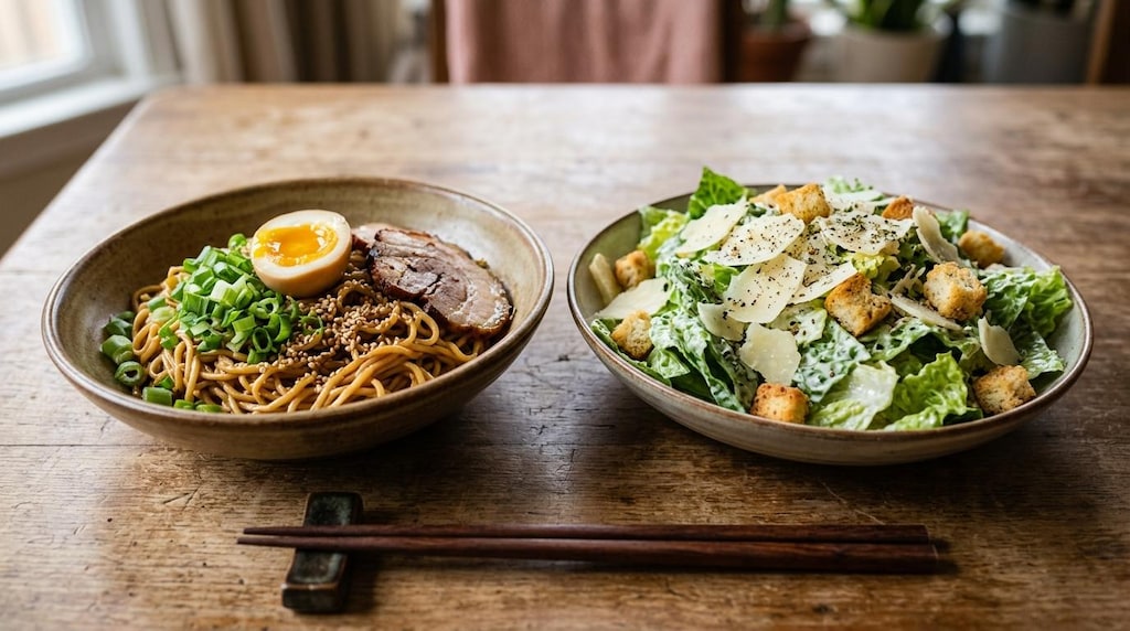 摩訶不思議食堂の汁なし麺とシーザーサラダのセット