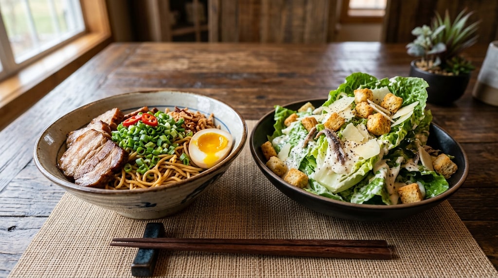 摩訶不思議食堂の汁なし麺とシーザーサラダのセット