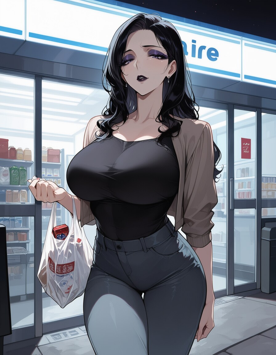 夜のコンビニ帰りのお姉さん