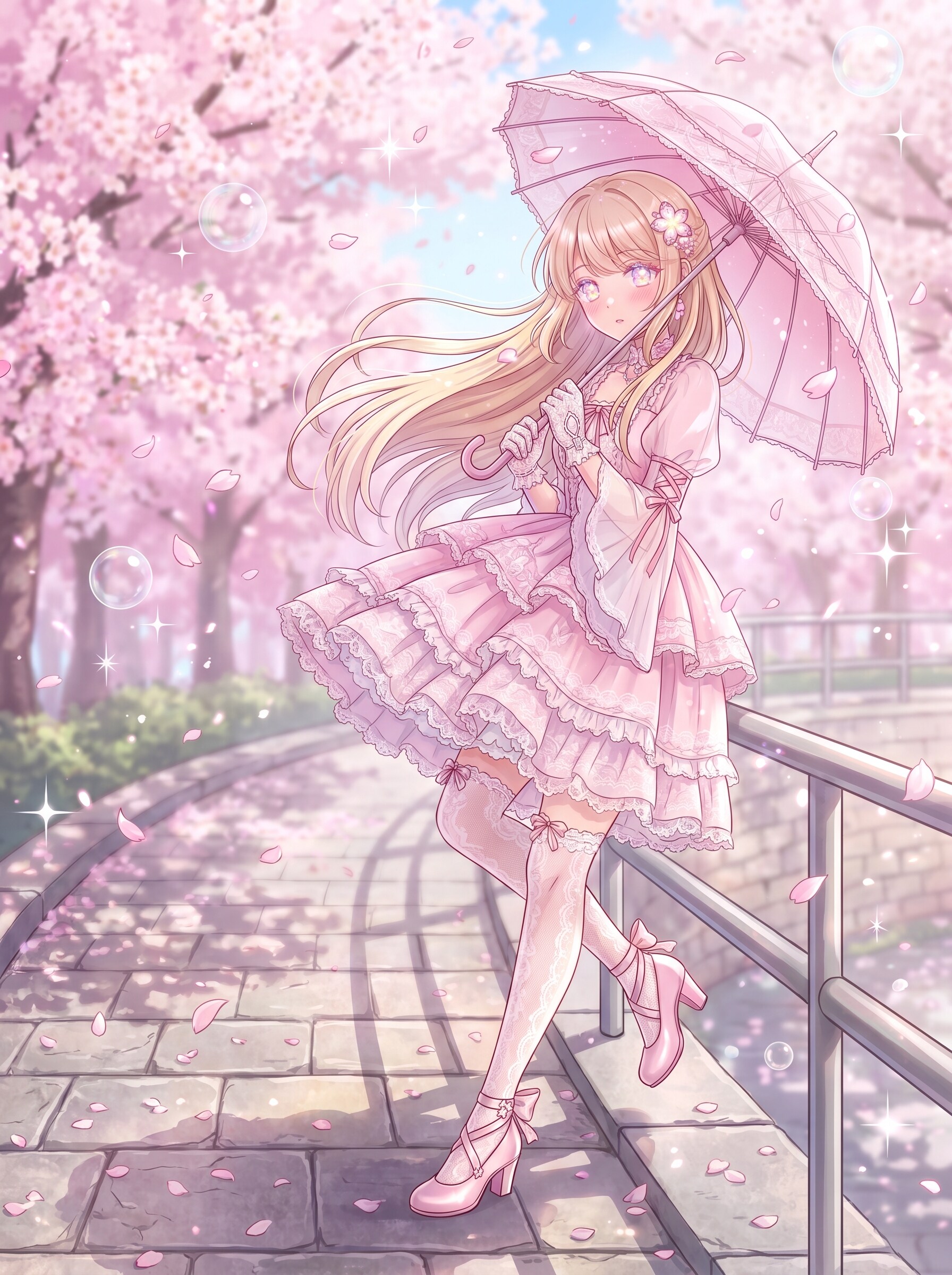 桜霞に佇む花傘