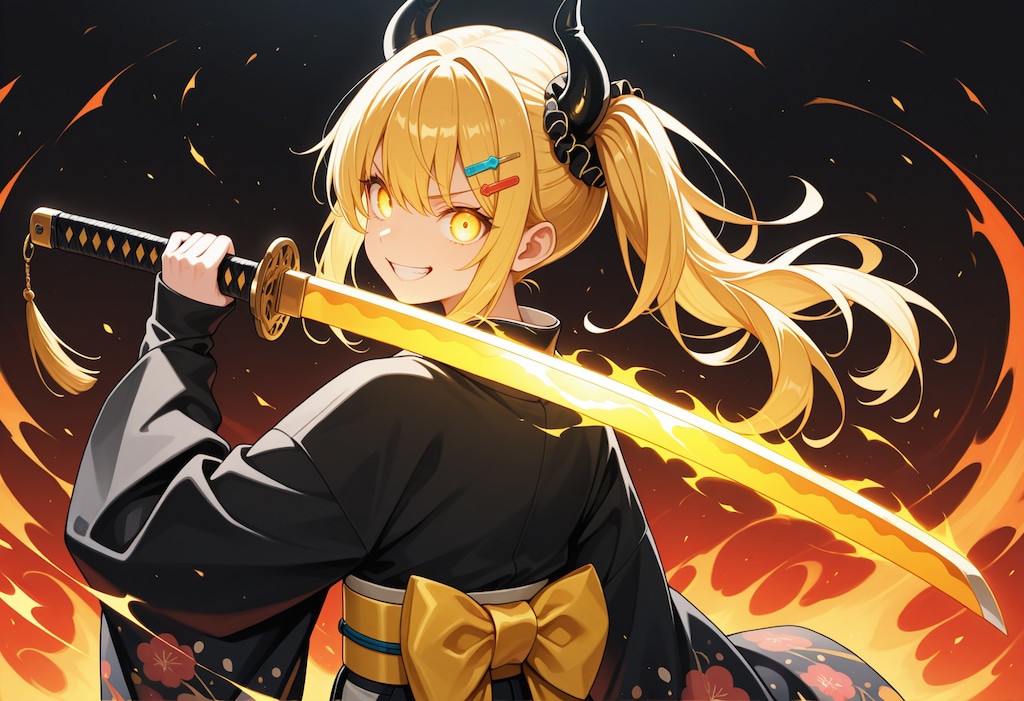 刀を担いで振り返る着物女鬼高生さん